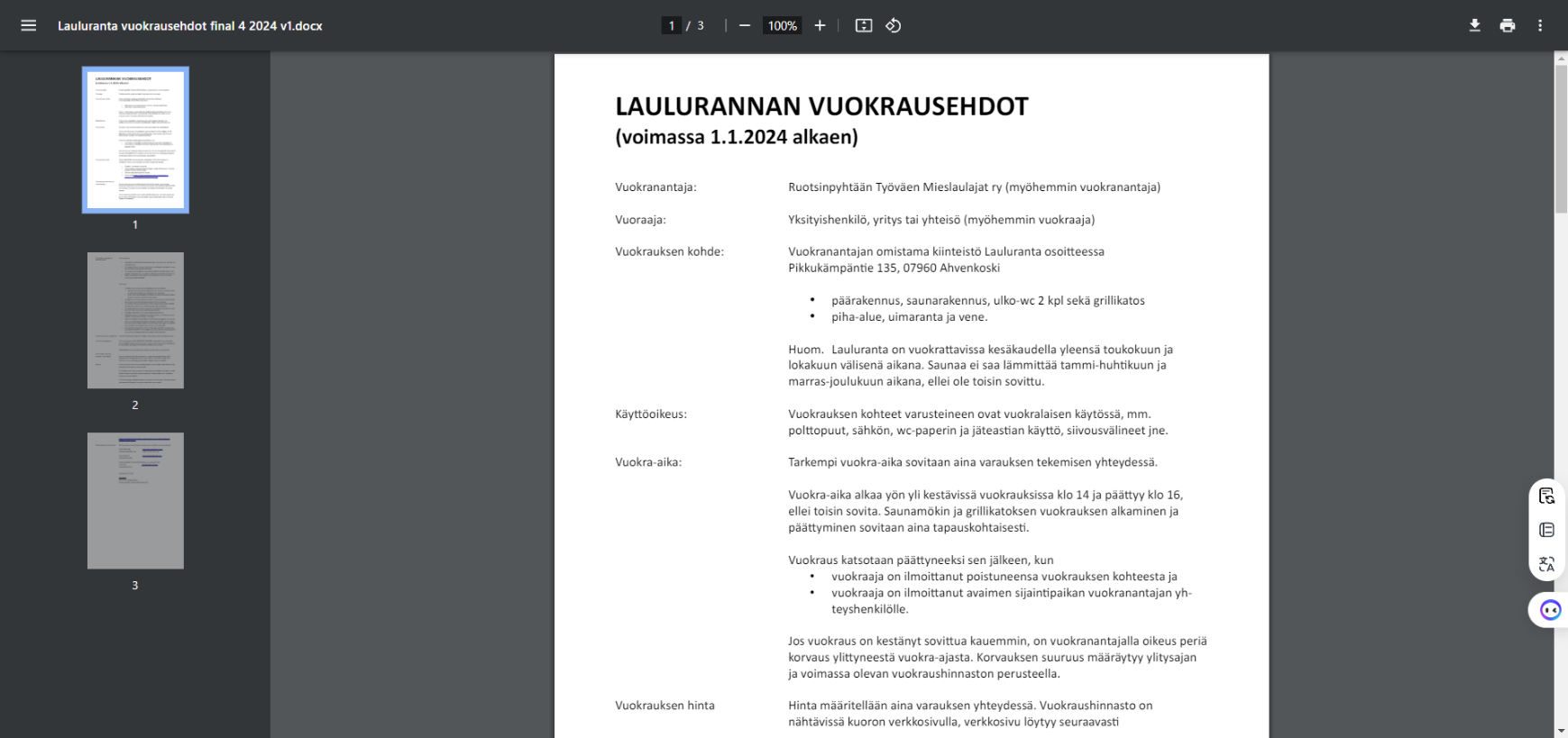 Lauluranta vuokrausehdot